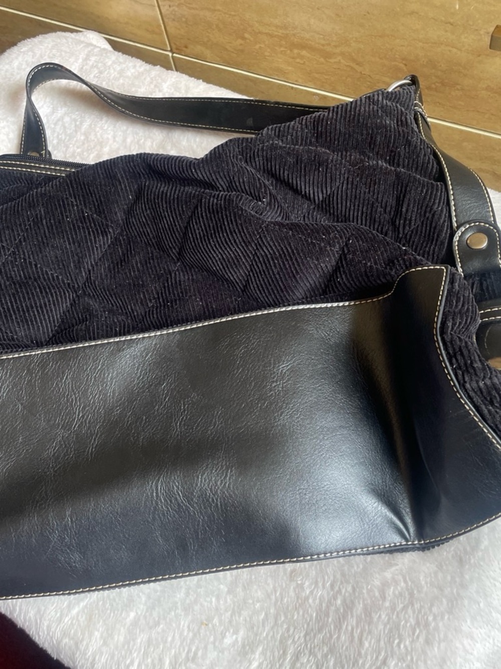 Tommy Hilfiger Black Corduroy and Leather Satchel